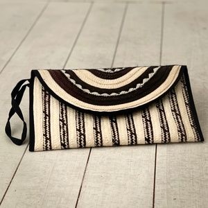 Handmade Stripe Straw Envelope Clutch Purse Bag Wristlet Black & Tan Natural